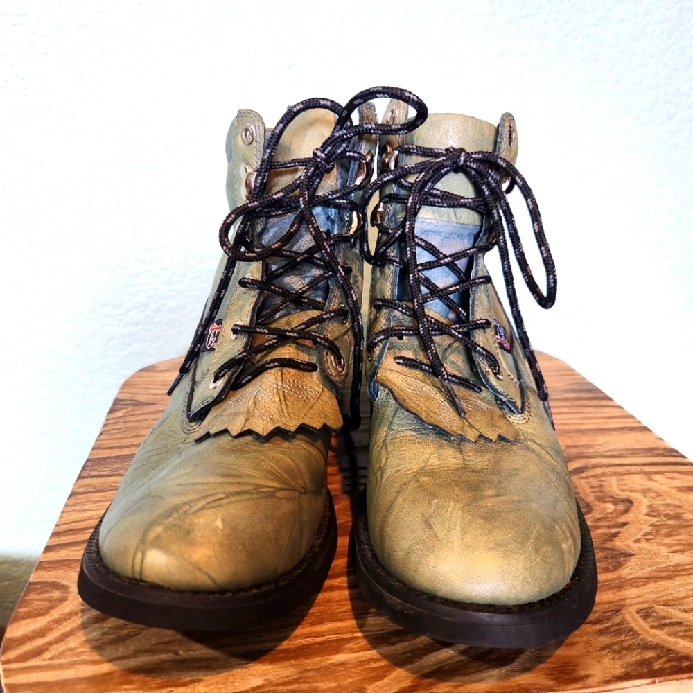 Vtg Justin Lace Up Roper Boots Women’s 6.5B L0610 George Straight Green Marbled